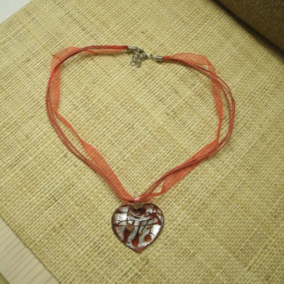 Murano Glass Red & Silver Heart Pendant Necklace - Picture 2 of 13